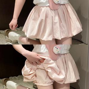 여성용 미니 스커트 하이 웨이스트 A 라인 슬리밍 여름 스커트, 쁘띠용 반바지 내장, 주름 퍼프 밑단 핑크