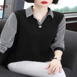 대형 여성용 스트라이프 패치 워크 슬리브 롱 셔츠 엄마 스타일 세련된 배꼽 커버 포켓 손수건이있는 작은 탑