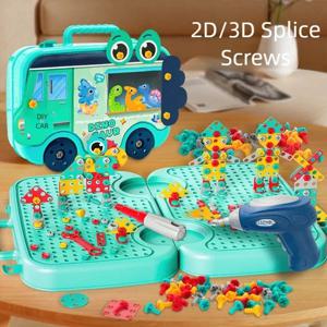 어린이 놀이를위한 시뮬레이션 전기 스크루 드라이버 홈 트위스트 나사 퍼즐 장난감 조립 및 수리 도구 상자 크리스마스 선물