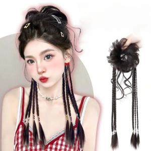 중국 스타일 꽃봉오리 머리 인조 합성 가발 자연스러운 푹신하고 약간 곱슬거리는 꼬임 땋은 가발 헤어 액세서리