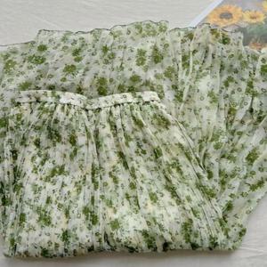 꽃 프린트 하프 스커트 부드러운 시폰 봄 가을 녹색 작은 꽃 주름 피쉬테일 스커트 포켓 손수건 포함