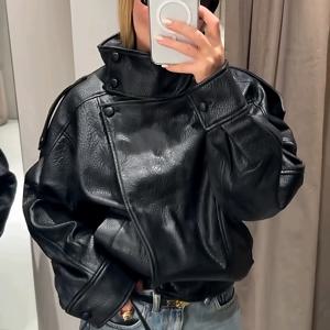 패셔너블한 여성용 긴 소매 지퍼 인조 가죽 재킷 스탠드 칼라 코트 가을 신상 TR 브랜드 출퇴근 스타일 루즈핏