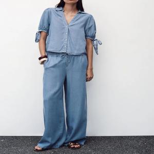 2025년 가을 여성용 루즈핏 V넥 셔츠와 나비 매듭 와이드 팬츠 민족 무대 의상 전통 중국 의상