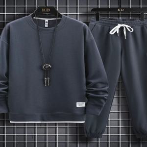 남성 캐주얼 스포츠 슈트 플리스 안감 봄 가을 겨울 세트 긴팔 티셔츠 및 바지 폴리에스터 원단 청소년 의류