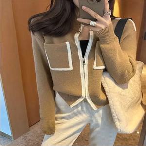 더블헤드 지퍼 니트 오픈 가디건 여성용 가을 겨울 신상품 작은 향기풍 디자인 독특한 아우터웨어 스웨터 재킷