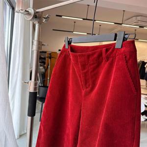 레드 코듀로이 와이드 레그 팬츠 스트레이트 컷 캐주얼 롱 바지 하이 웨이스트 편안한 핏 가을 겨울 레트로 스타일 여성 패션