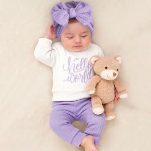 Ylsteed '헬로' 자수 신생아 사진 촬영 소품 아기 롬퍼 점프수트 리본 모자 아기 집에 오는 날 의상 아기 사진 선물