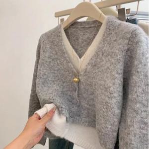 회색 니트 긴팔 스웨터 여성 패션 감각 레이어링 탑 한국 스타일 초가을 분위기 의류