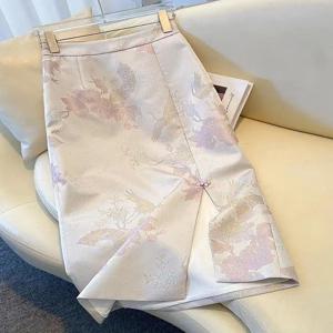 하이웨이스트 자수 중국풍 미니스커트 여성용 봄 여름 2025 신상 슬림핏 바디콘 스커트 포켓 손수건 포함