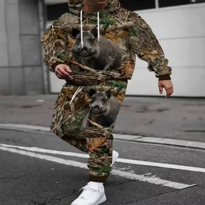 위장 무늬 멧돼지 동물 3D 프린트 후드티 바지 세트 남성용 스웨트셔츠 스웨트팬츠 투피스 수트 트랙수트 남성 의류