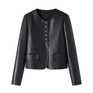 패셔너블한 PU 가죽 숏 재킷 여성용 라운드 넥 싱글 버튼 컬러 시리즈 가을 신상 소형 사이즈 탑 출퇴근 스타일 루즈 핏