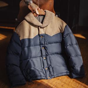마덴 남성용 90% 화이트 덕 다운 재킷 - 스웨이드 패널과 대비되는 플리스 칼라가 있는 빈티지 푸퍼 겨울 스트리트웨어