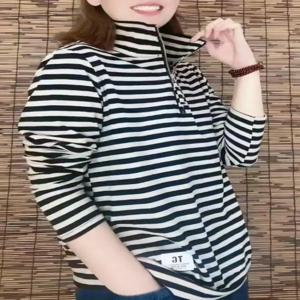 우아하고 심플한 스트라이프 베이스 셔츠 여성 플러스 사이즈 스탠드 칼라 반지퍼 디자인 포켓 손수건 패셔너블 캐주얼 웨어