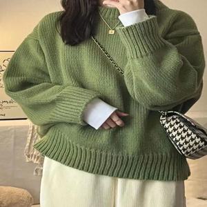 느슨한 여성용 두꺼운 라운드 넥 풀오버 스웨터 그린 레트로 일본 스타일 가을 겨울 아우터웨어 포켓 손수건 포함