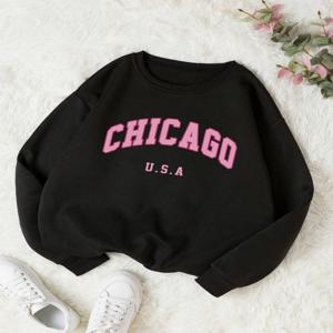 캐주얼 여성 스웨터 시카고 미국 편지 인쇄 풀오버 패션 Crewneck 특대 까마귀 양털 따뜻한 여성 가을 ​​옷