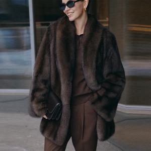 럭셔리 두꺼운 인조 모피 코트 여성 겨울 라펠 긴 소매 재킷 빈티지 허리벨트 루즈 아우터웨어 2025 신상 따뜻하고 부드러운 여성 코트