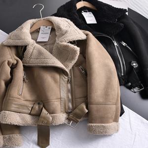 Ailegogo 겨울 여성 두꺼운 따뜻한 스웨이드 양고기 자켓 짧은 오토바이 브라운 코트 가짜 Shearling 양피 가죽 자켓 Outwear