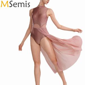 여자 체조 현대 서정적 댄스 복장 스팽글 라인 석 레오타드 바디 슈트 발레 댄서 스플릿 메쉬 맥시 스커트