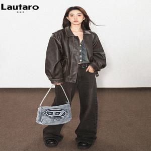 Lautaro 봄 가을 멋진 잘 생긴 부드러운 빈티지 고민 된 갈색 Pu 가죽 자켓 여성 긴 소매 럭셔리 디자이너 의류