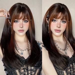 EASIHAIR 옴브레 구리 레드 다크 브라운 코스프레 파티 합성 가발, 앞머리 포함 긴 스트레이트 레이어드 가발, 여성용 데일리 내열성