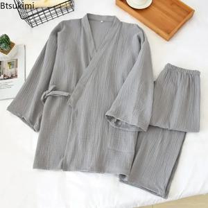 2025 일본 기모노 남성용 솔리드 잠옷 투피스 심플 코튼 크레페 천 플러스 사이즈 레이스 업 탑 바지 홈 서비스 세트