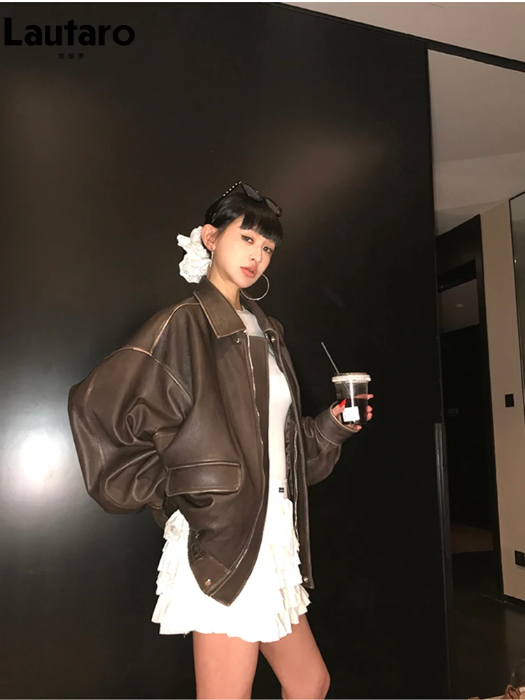 Lautaro 봄 가을 멋진 잘 생긴 레트로 오버 사이즈 악세사리 브라운 소프트 인조 가죽 자켓 여성용 지퍼 런웨이 패션