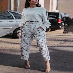 스팽글 장식 스트레이트 레그 데님 청바지 여성용 하이 웨이트 우아한 캐주얼 포켓 빈티지 다이아몬드 데님 펜슬 바지 바지