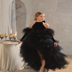 검은 Tulle 푹신한 꽃의 소녀 드레스 활과 결혼식을위한 생일 파티 공 미인 대회 소녀를위한 첫 성찬식 드레스