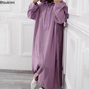 2025 남자 이슬람 후드 가운 중동 이슬람 아랍어 의류 빈티지 느슨한 긴 소매 Drawstring 패션 남성 가운 새로운