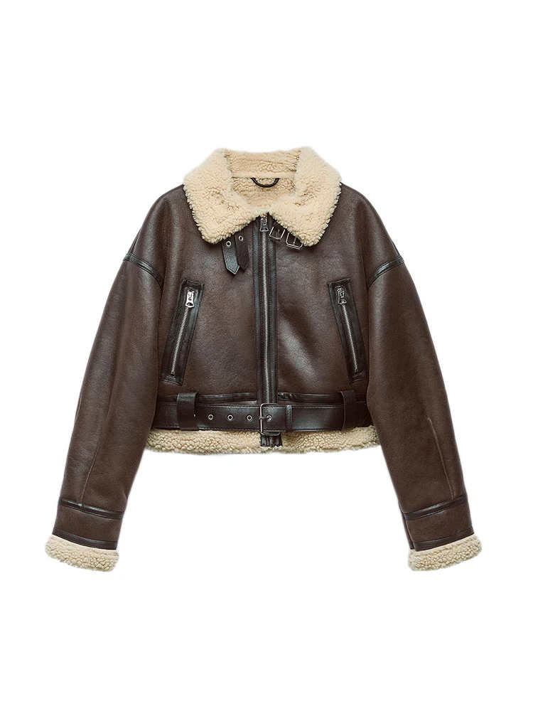 Ailegogo 가을 겨울 여성 따뜻한 느슨한 가짜 양고기 모피 짧은 코트 streetwear 여성 레트로 지퍼 스플 라이스 코트 아웃웨어