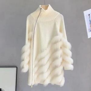 여성용 진짜 여우 모피 스웨터, 여성용 니트 카디건, 하이 칼라, 단색 풀오버, 따뜻한 양모 2024, 겨울 패션