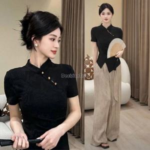 2025 중국 민족 단색 인쇄 치파오 탑, 섹시한 슬림 레이디 패션 파티 블라우스, 얇은 통기성 편안한 블라우스