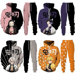 Anime Demon Slayer 후드 3D 프린트 코스프레 바지 + 까마귀 2PCS 세트 Tracksuit Men Oversize Vintage Street 까마귀 바지 세트