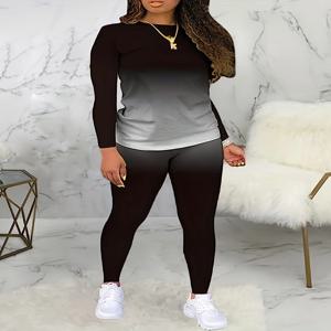 플러스 사이즈 유럽과 미국의 국경 봄과 가을 새로운 라운드 넥 그라데이션 긴 소매 바지 캐주얼 정장