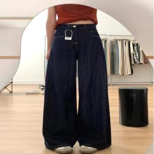 하이웨이스트 와이드 레그 데님 진 여성용 가을 신상 배형 체형 큰 사이즈 바닥 길이 루즈 슬림 팬츠