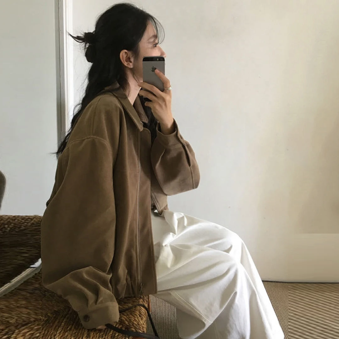 레트로 고급 한국 스타일 지퍼 가죽 벨벳 숏 재킷 4가지 색상 여성 패션 가을 컬렉션 폴리에스터 섬유