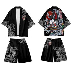 남녀공용 일본 기모노 가디건 반바지 세트, 한냐 프린트 셔츠, 전통 유카타 하오리 오비 코스프레 코스튬, 라지 사이즈 5XL 6XL
