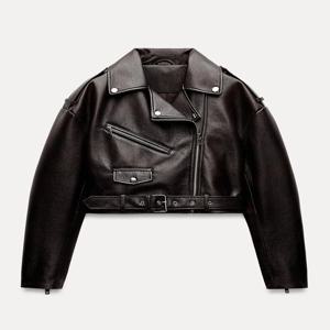 Ailegogo 여성용 레트로 짧은 PU 인조 소프트 가죽 재킷, 빈티지 여성 벨트 지퍼 코트, 모토 바이커 아우터, 용수철 가을