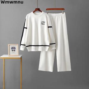 여성용 캐주얼 패션 니트 2 피스 세트, 한국 소프트 스트레치 O-넥 스웨터 탑, 컨정토 우아한 하이 웨이스트 와이드 레그 팬츠