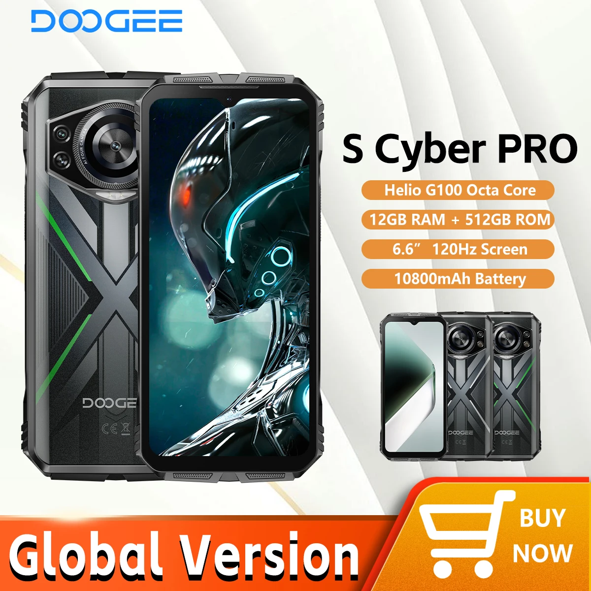 DOOGEE S 사이버 프로 견고한 휴대폰, 헬리오 G100, 6.6 인치 FHD + 120Hz IPS, 10800mAh 대용량 배터리, 33W 충전 NFC 스마트폰, 12GB, 512GB