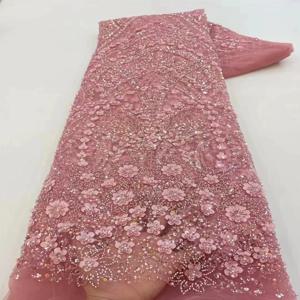 럭셔리 아프리카 패브릭 레이스 5 야드 자수 고품질 2025 핑크 헤비 스팽글 바느질을위한 프랑스어 페르시 레이스 원단
