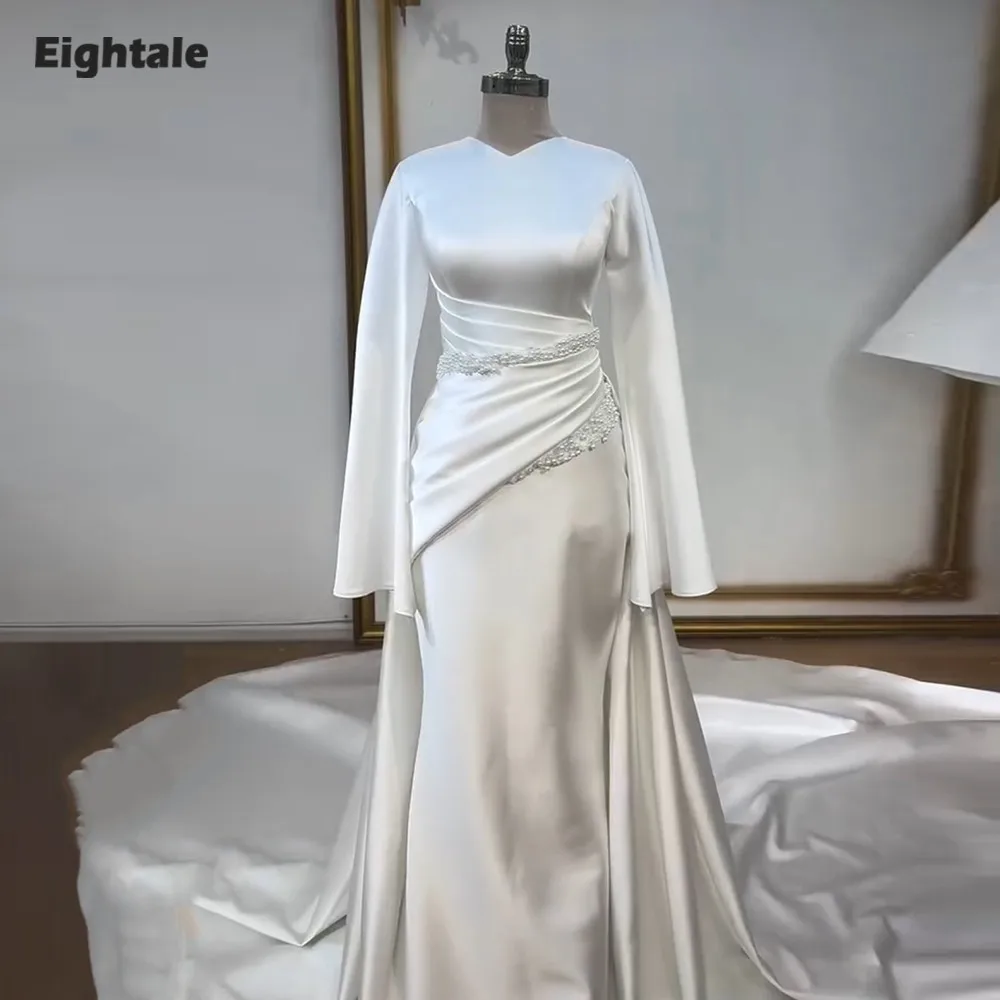 Eightale 아랍어 웨딩 드레스 v 넥 맞춤형 화이트 아이보리 인어 긴 소매 페르시 이슬람 새틴 신부 가운 Robe De Mariée