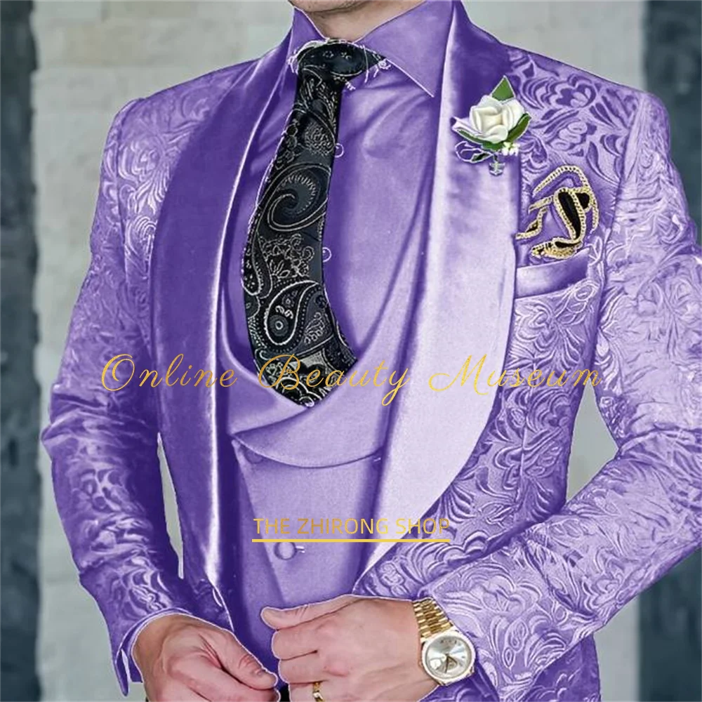 프리미엄 남성 3 피스 정장 재킷 조끼 바지 자카드 세트 웨딩 신랑 파티 드레스 정장 복장 우아한 맞춤형 턱시도