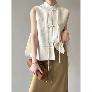 2025 봄 새로운 중국 스타일 플레이트 버클 양복 조끼 재킷 자카드 스탠드 칼라 민소매 복고풍 여성 cheongsam 양복 조끼