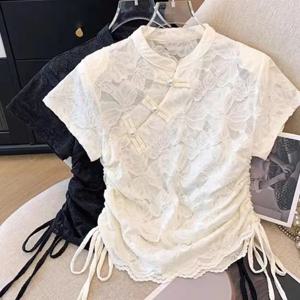 Cicio Top 새로운 중국 스타일 반팔 스탠드 칼라 개선 된 Cheongsam 여성 블라우스 캐주얼 패션 레이스 Daily Qipao Top