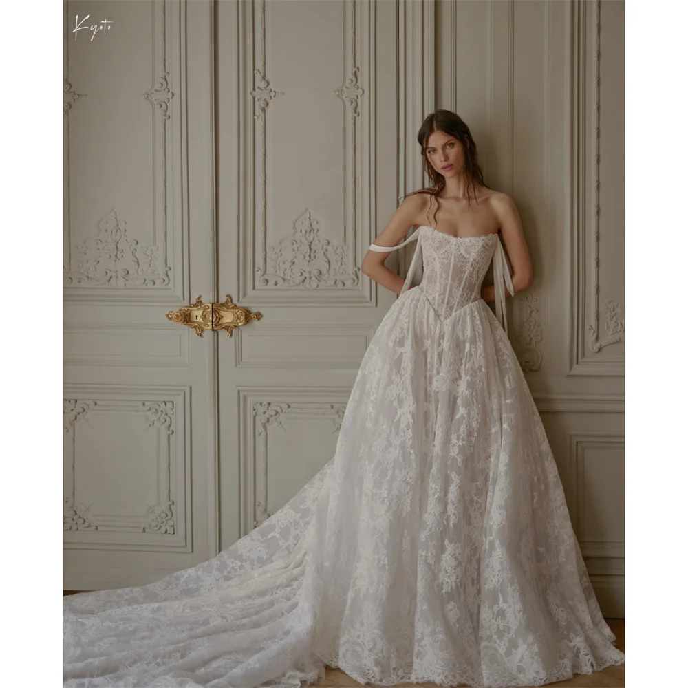 교토 사용자 정의 아이보리 레이스 아플리케 오프 숄더 웨딩 드레스 A 라인 롱 트레인 vestidos de novia Zip Back Formal Evening 2025