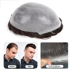 얇은 피부 Toupee 인간의 머리카락 자연 헤어 라인 남성 머리 보철물 더블 매듭 모세관 보철물 현실적인 남성 가발 머리 시스템