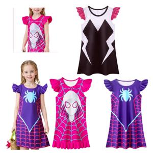 2025년 신상품 그웬 스테이시 스파이더 드레스 플라잉 슬리브 소녀용 슈퍼히어로 그웬 스테이시 프린트 퍼플 스파이더 웹 파티 일상복