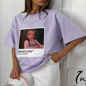 Sunuyoo 여름 신작 100% 코튼 여성 프린트 티셔츠 세련된 오 넥 느슨한 반팔 여성 캐주얼 귀여운 프린트 탑