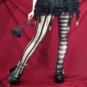 빈티지 고딕 다크 펑크 스타일 섹시한 팬티 스타킹 고스 로리타 유니폼 스트라이프 AB 비대칭 속이 빈 Fishnet 스타킹 여성 여름